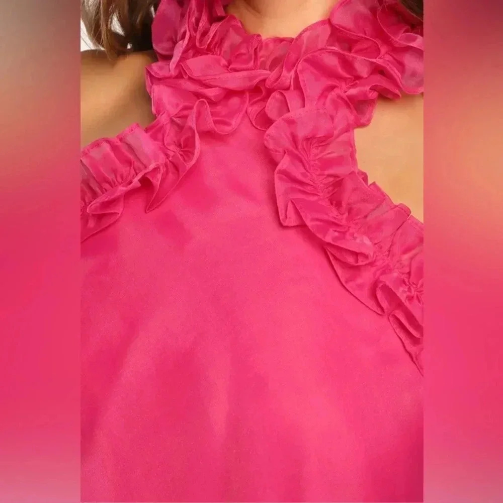 Lulu's Hot Pink Ruffled Halter Prom Dress - Picture 3 of 5